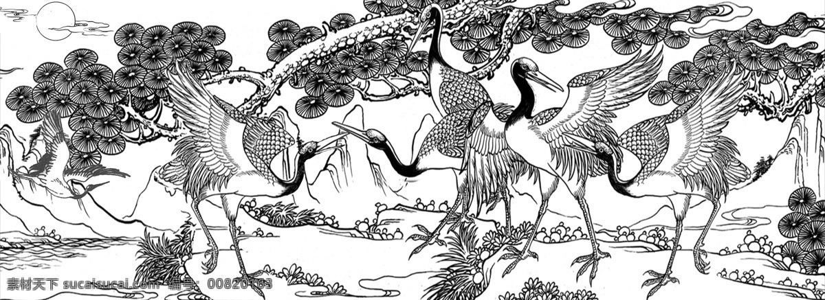 松鹤延年图片 松鹤 迎客松 锦秀山河 风景如画 晚霞 石雕 浮雕 木雕 生物世界 野生动物