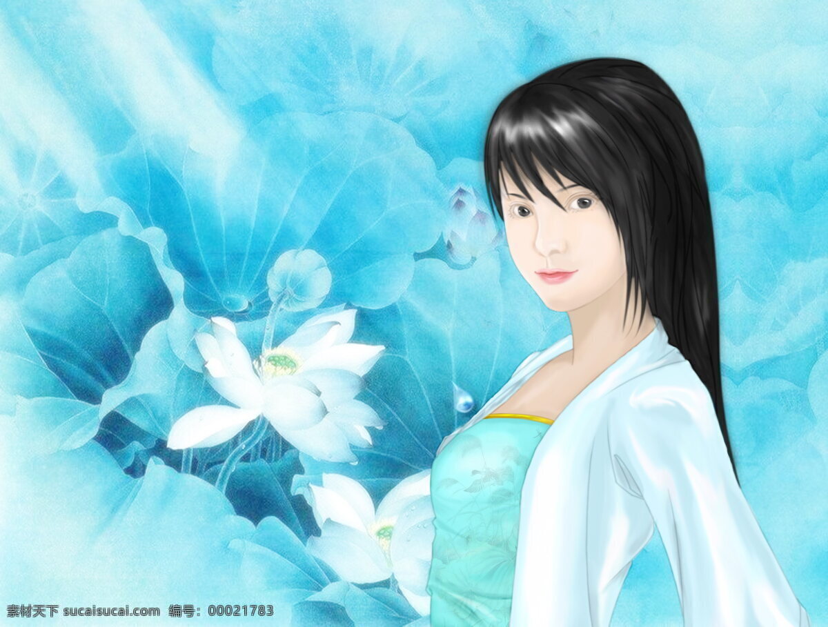 古典 美女 唯美 古风 素雅 素雅美女 古风美女 手绘 蓝色调 蓝莲