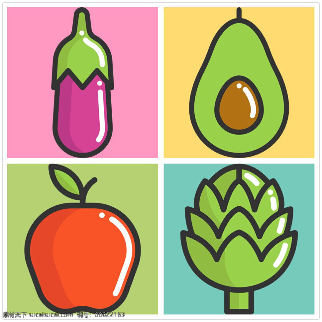 手绘 蔬果 icon 图标 扁平 单色 多色 简约 精美 可爱 圆润 方正 立体 食物 美食 苹果
