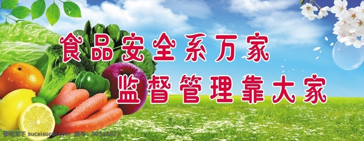 食品安全 宣传 中文字 草地 鲜花 桔子 苹果 胡萝卜 辣椒 青菜 花菜 蓝天 白云