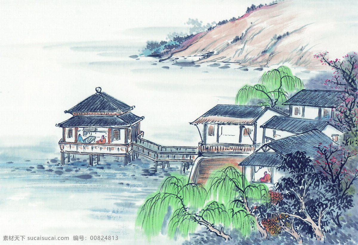 中国 国画 篇 山河 水墨 烟柳 亭台楼阁 山水 文化艺术 绘画书法