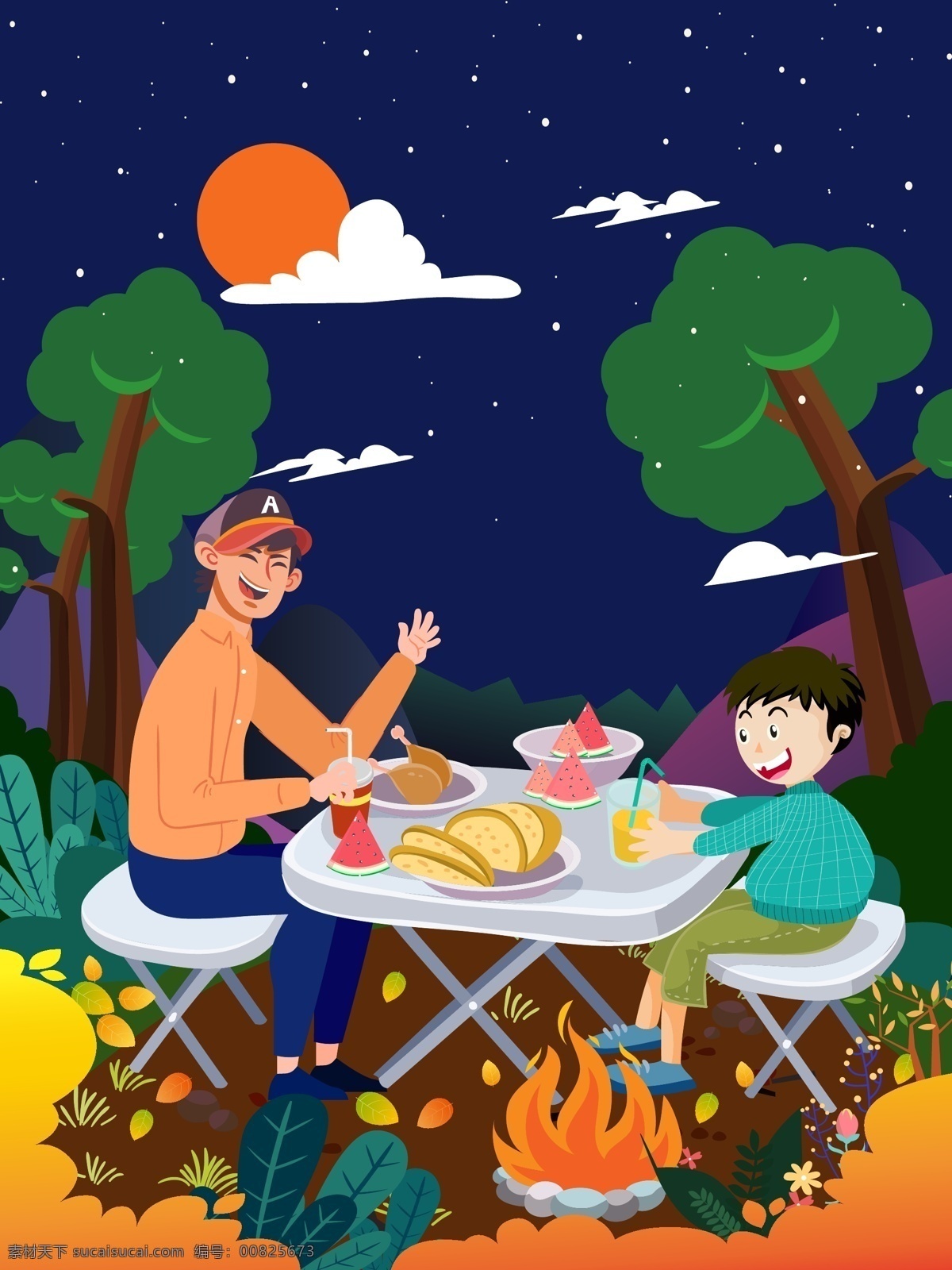 父亲节 父子 互动 野餐 郊游 活动 亲子活动 野外郊游 吃饭 夜晚