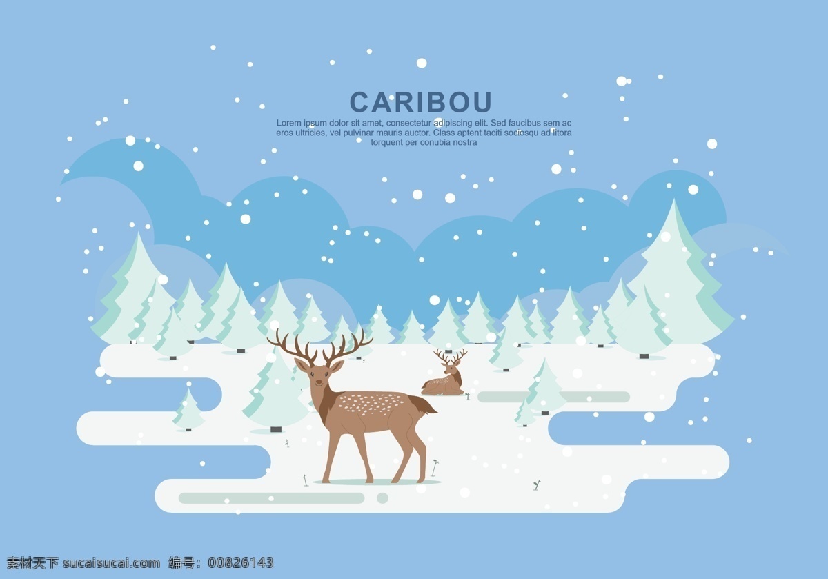 冰雪世界 冬季 冬天 冰雪 雪花 动物 卡通 手绘 麋鹿 下雪 山 雪景 卡通设计