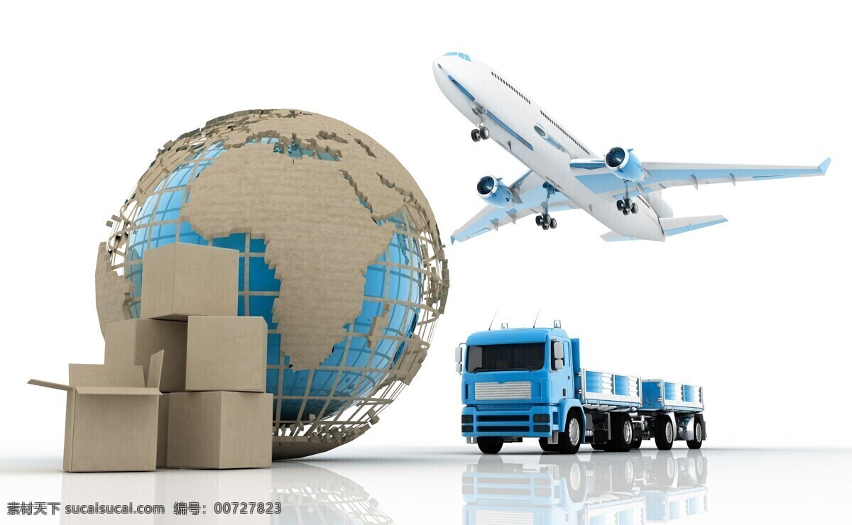 全球物流运输 地球 纸箱 货物 卡车 货车 运输车 空运 陆运 飞机 物流 运输 货运 交通工具 现代科技 白色