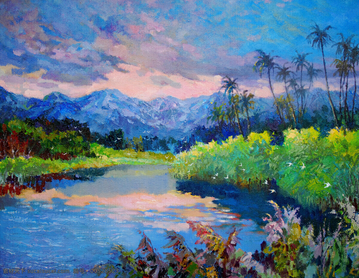 飞鸟 风景画 绘画书法 美术 树林 树木 文化艺术 夕阳 鸟 设计素材 模板下载 夕阳归鸟 油画 乡村 山野 水潭 油画艺术 油画作品34 家居装饰素材 山水风景画