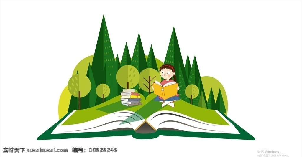 健康的书 小孩 儿童 书本 绿色 矢量 书籍 阅读 插画 森林 女孩 展板模板