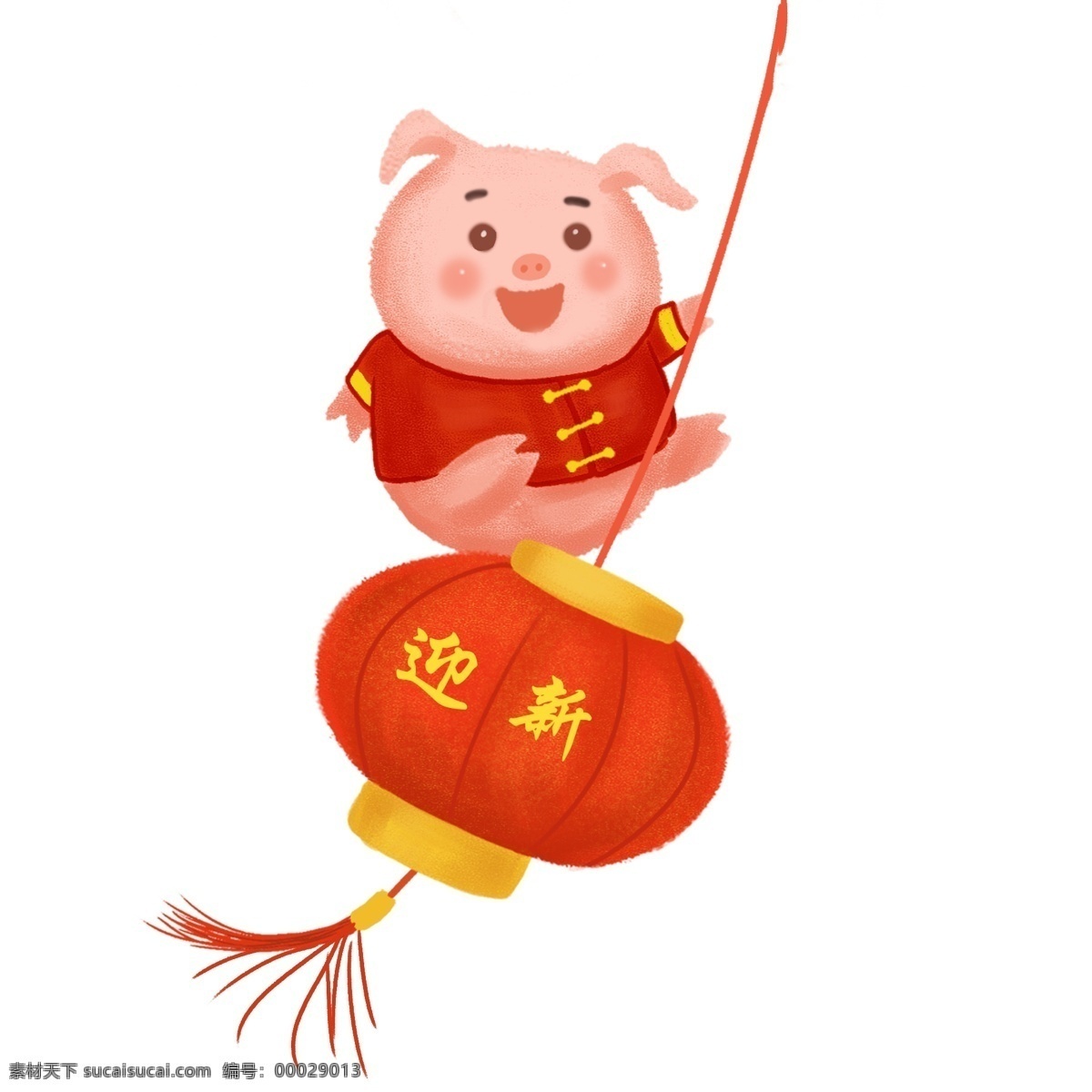 猪年 2019 年金 猪 红灯笼 欢笑 中国风 喜庆 过年 卡通人物 装饰画 新年 2019年 金猪 蜡笔风格 中国红 中国唐装