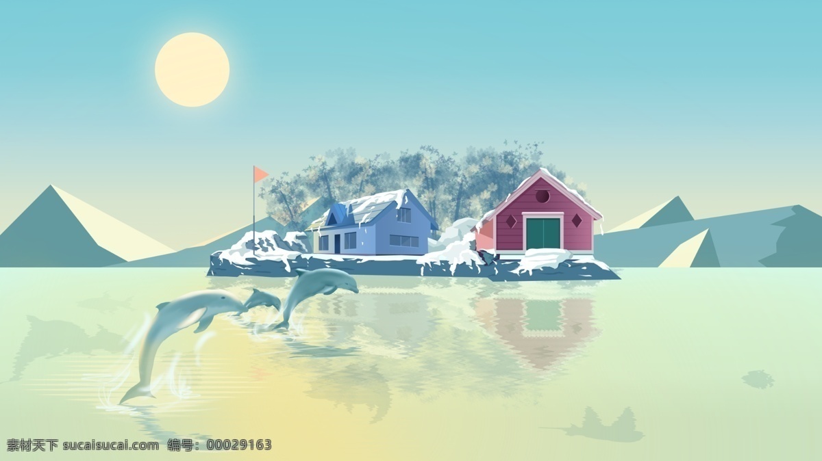 温暖 早安 世界 高级 灰 大海 海豚 原创插画 手机封面 商业用图 早安世界 高级灰插画
