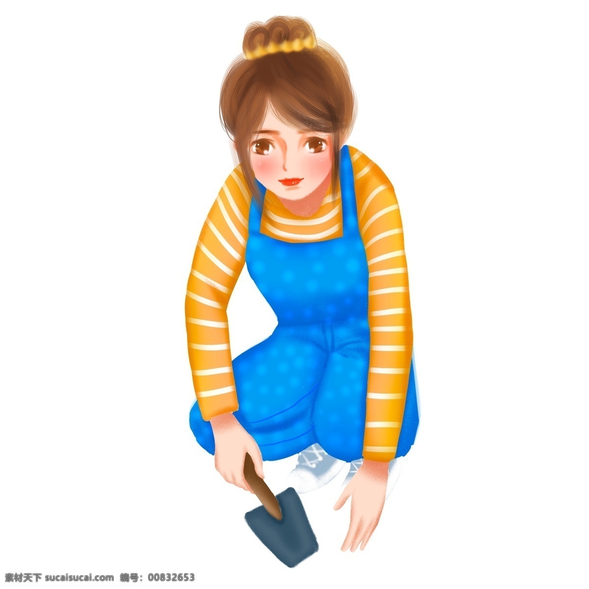 手绘 小 清新 铲子 女孩 植树节 人物设计 少女 美女 背带裤 青春