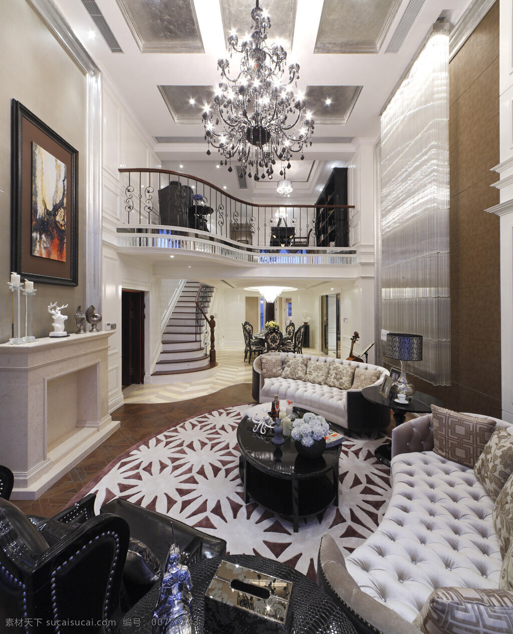 别墅 二层 楼梯 走廊 效果图 室内设计 家装效果图 家居 家具 家装 吊灯 沙发 茶几 地毯