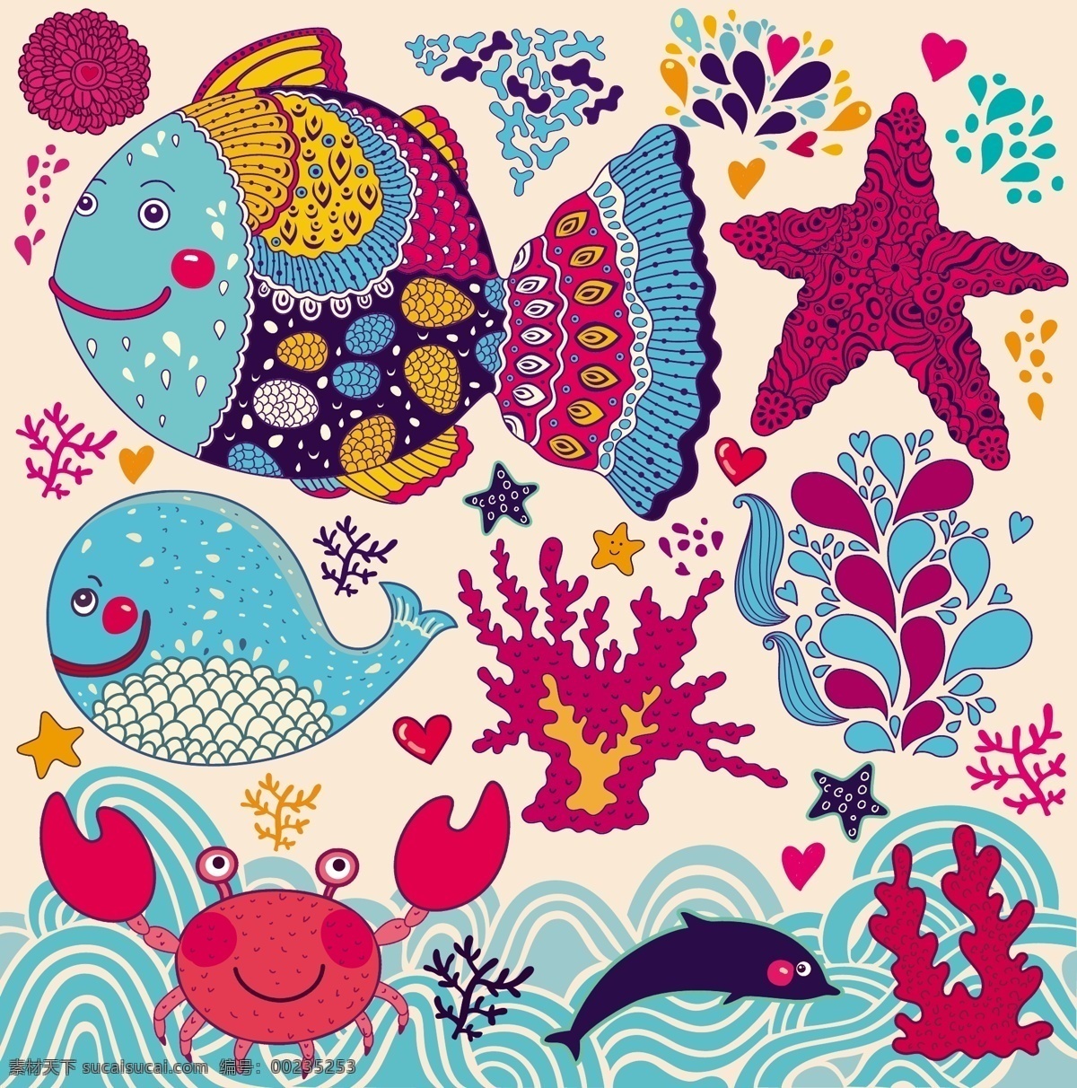 鱼儿和海星 花纹 创意 海星 鱼 珊瑚 青色 天蓝色