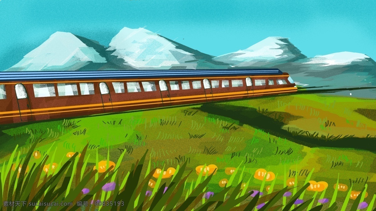 火车 旅行 中 风景 雪山 宣传 画册 原创 商业插画 路途 大自然 远山 海报 手机用图