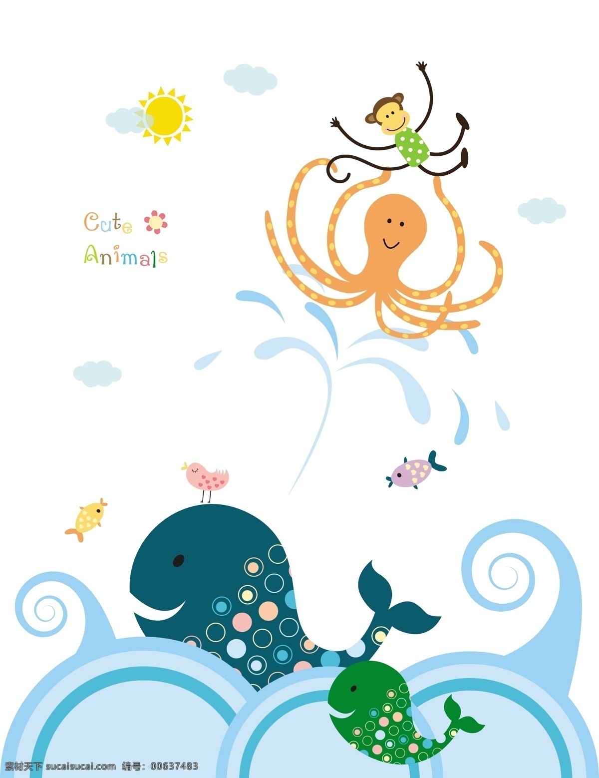 矢量 鲸鱼 海浪 章鱼 猴子 动物 太阳 卡通