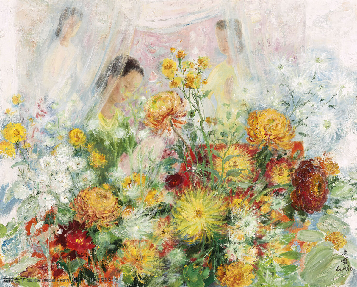 菊花丛中 黎谱作品 秋季 花园中 百花齐放 纱窗后 三个女子 现代油画 油画 文化艺术 绘画书法