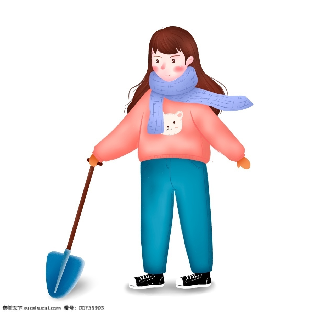 冬天 铲子 铲 雪 女孩 清新 卡通 人物 插画 冬季 少女