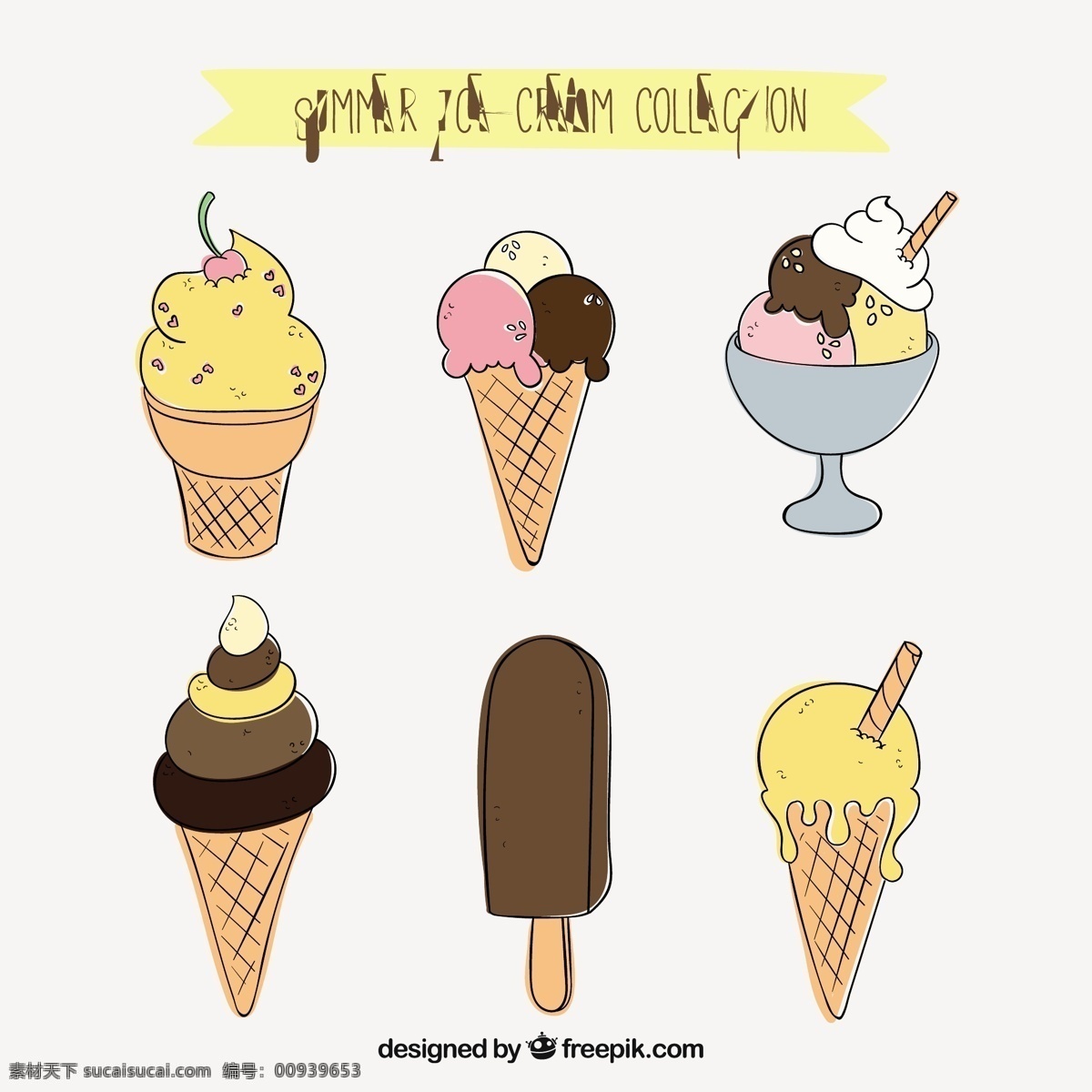手工 绘制 口味 冰淇淋 收集 食品 夏天 一方面 手绘 冰 假日 甜 绘图 度假 甜点 奶油 吃 拉 季节 草图 美味的 粗略的 白色