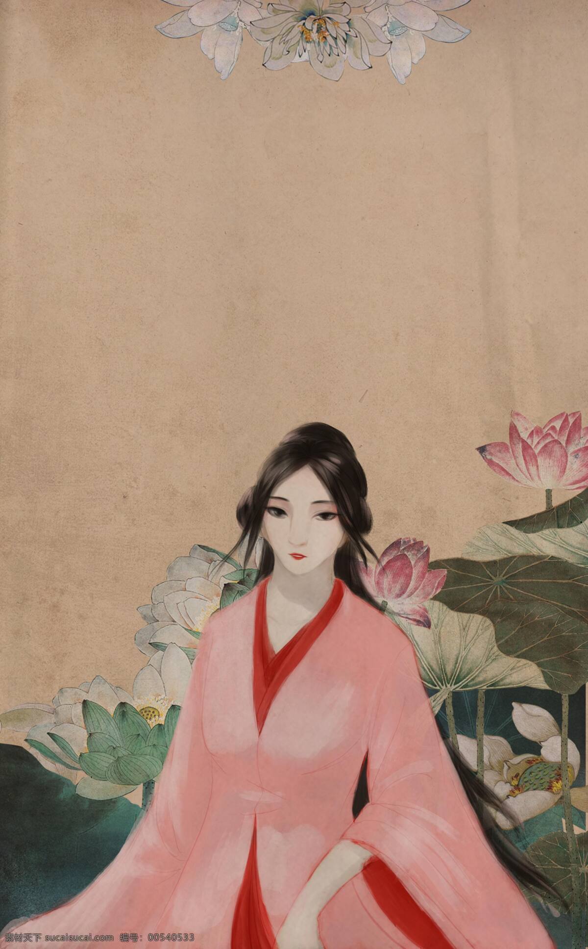 美女封面 女 古风 红衣女 莲花 封面 动漫动画