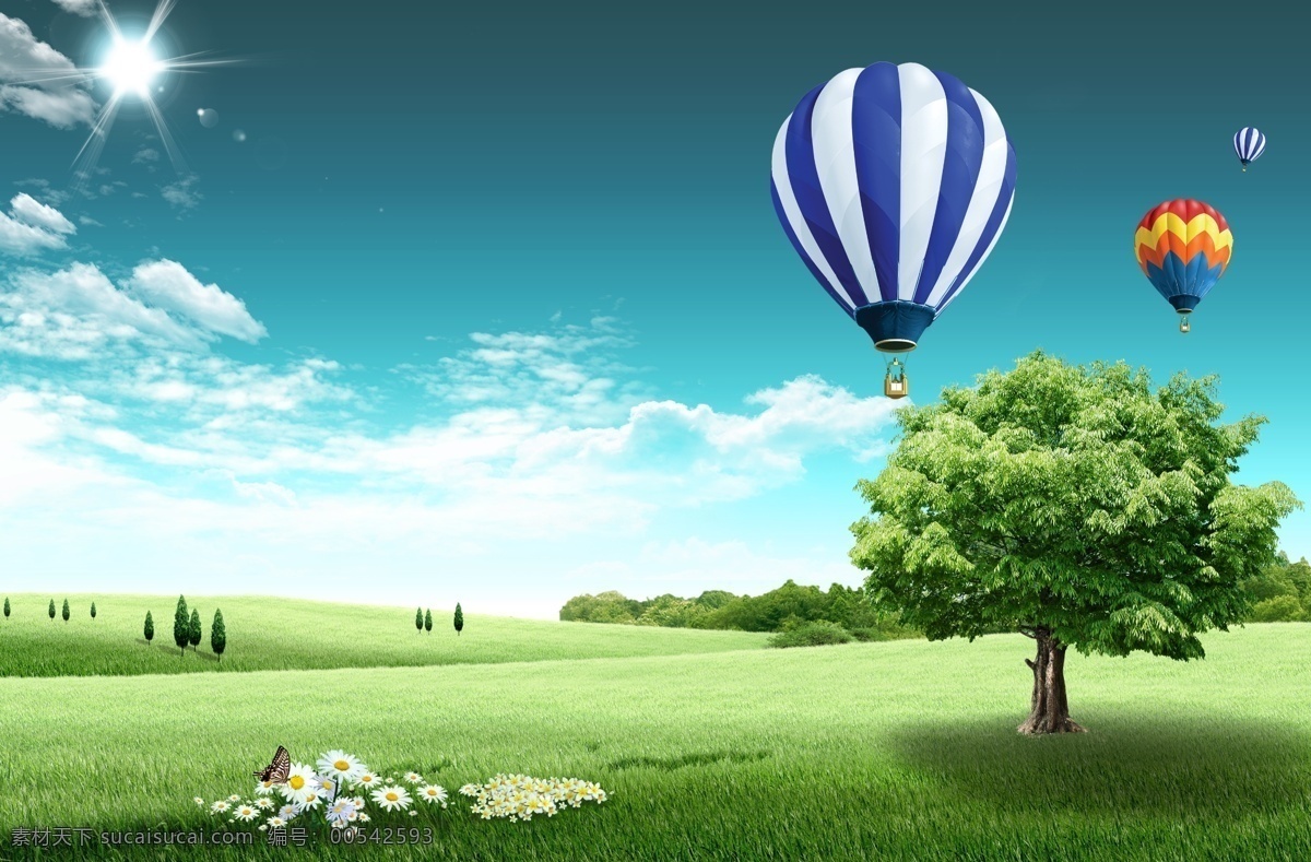 绿荫免费下载 蓝色 蓝天 绿色 晴朗 热气球 山坡 树木 天空 绿荫 psd源文件