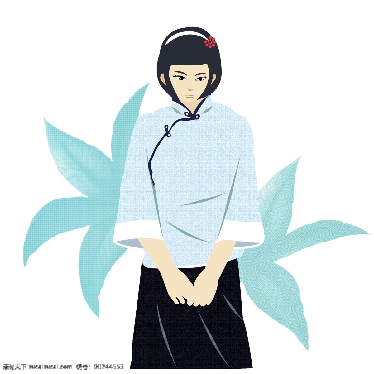 风华正茂 少女 免 扣 手绘 插图 羞涩的少女 蓝衣少女 美少女 五四青年节 五四 五月四号 少年 青年