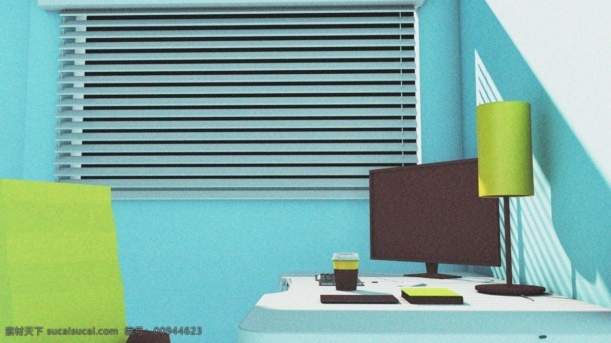 办公 场景 商务 工作 电脑 书桌 插画 微 立体 绿色 蓝色 咖啡 台灯 键盘 书籍 书本 桌子 平板 椅子 窗台 百叶窗 背景 配图 小清新 微立体 写实 细腻