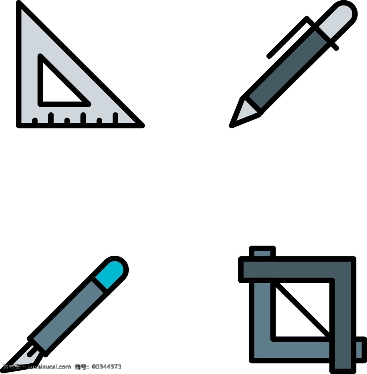 简约 文具 工具 学习 相关 图标 学习用品 三角尺 铅笔 美工刀 直角尺 免抠 png格式 可分开使用