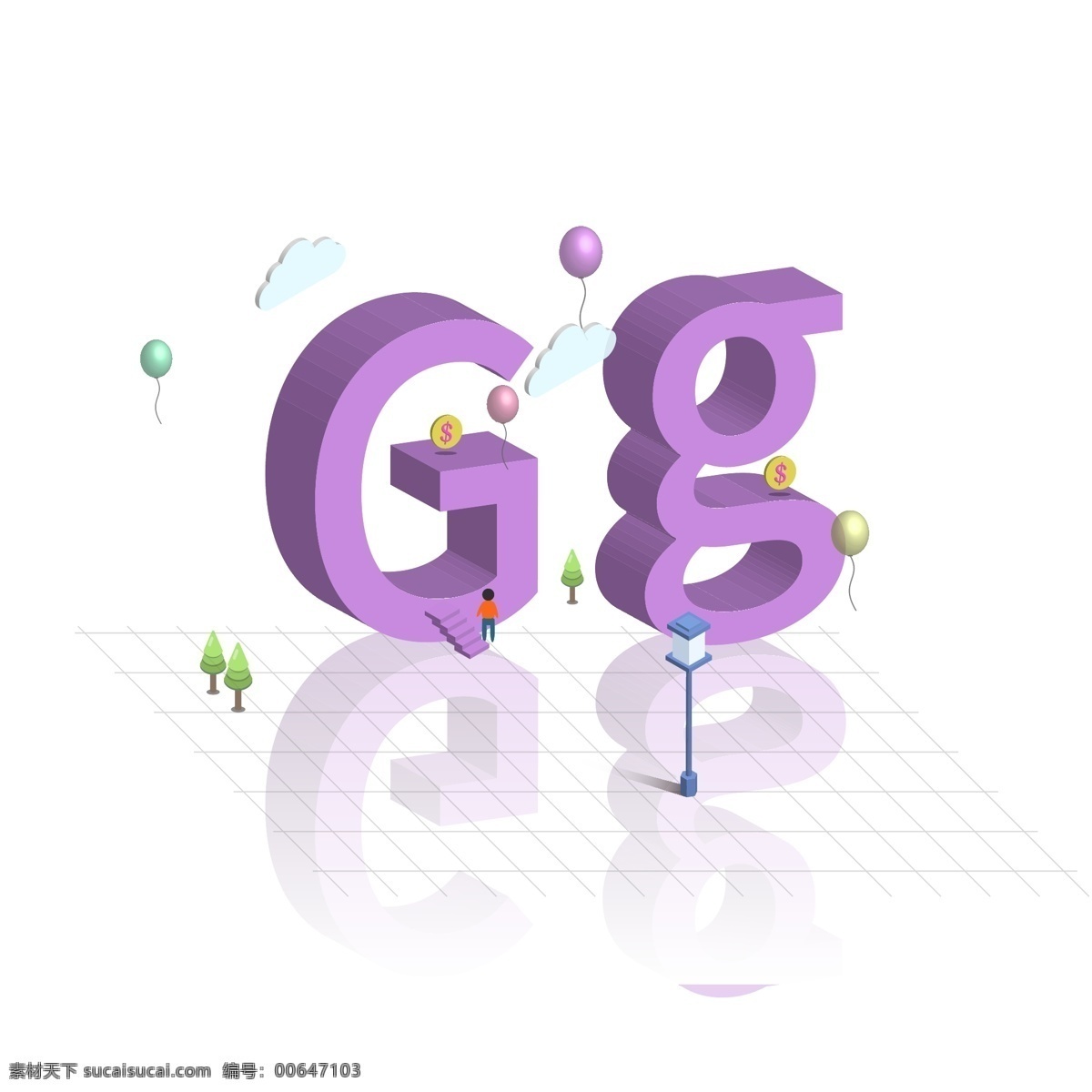 原创 d 立体 大小写 英文 字母 g 立体字 英文字母 路灯 白云 气球 2.5d 艺术字设计 大写g 小写g 倒影