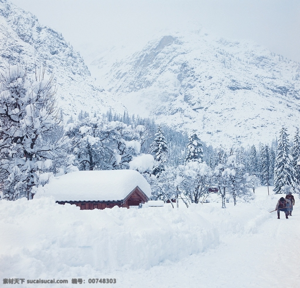 雪景 山峰 全景 雪屋 铲雪 雪景大图 自然景观 自然风景