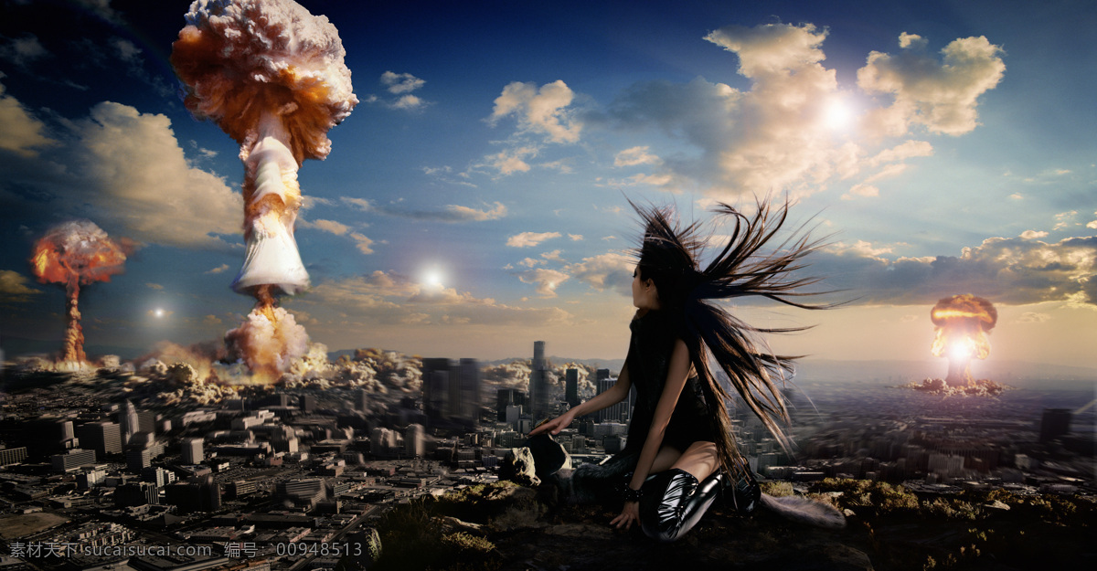 美女 观赏 核弹 爆炸 蓝天 白云 唯美 原子弹 蘑菇云 写真 艺术写真 美女壁纸 人物图库 人物写真
