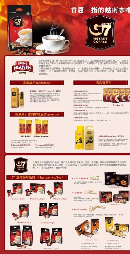g7 越南 咖啡 产品 海报 越南咖啡 中原咖啡 卡布奇诺 产品目录 产品简介 产品说明 咖啡豆 咖啡色 企业简介 东南亚风情 写真 灯箱片 高清喷绘 喷绘 广告 招贴 广告设计模板 源文件