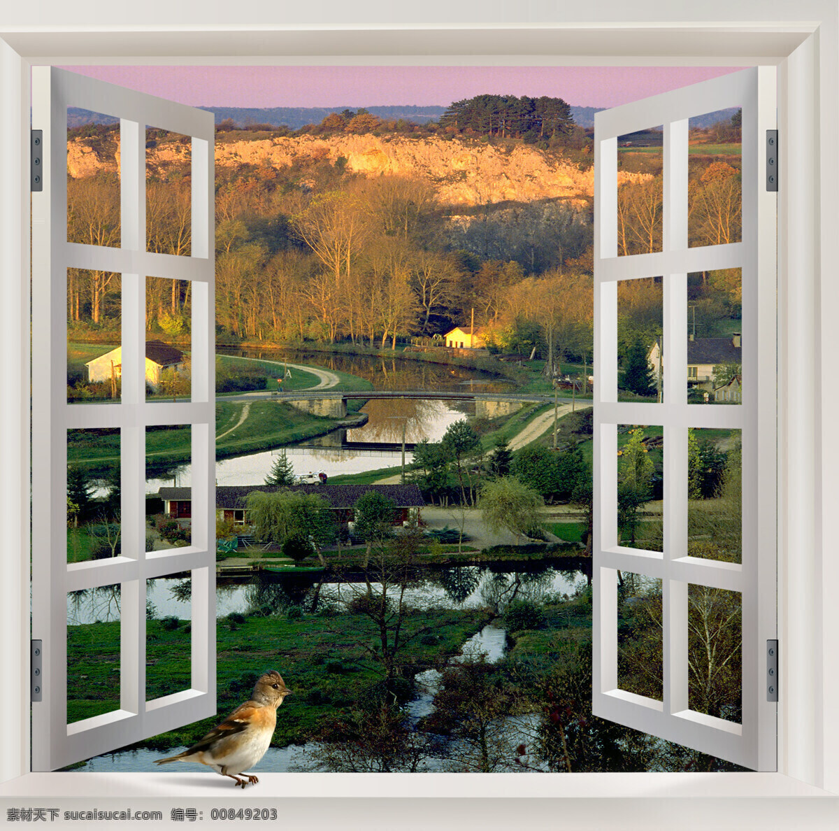 窗外风景 窗外 窗台 窗框 风景 自然景观 自然风光 自然风景 设计图库 白色窗户 小鸟 乡村美景 小河流水 夏季美景 绿树 房屋 梦境
