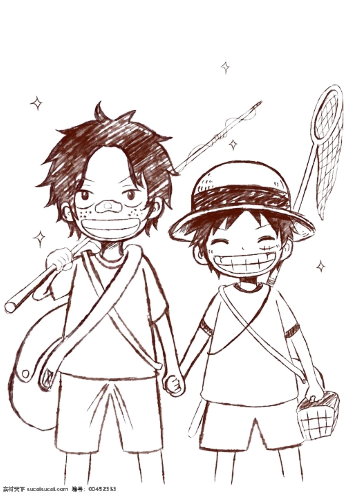 路 飞 艾斯 小时 捕鱼 海贼王 卡通人物 路飞 童年 渔网 幼时 抓鱼 动漫形象