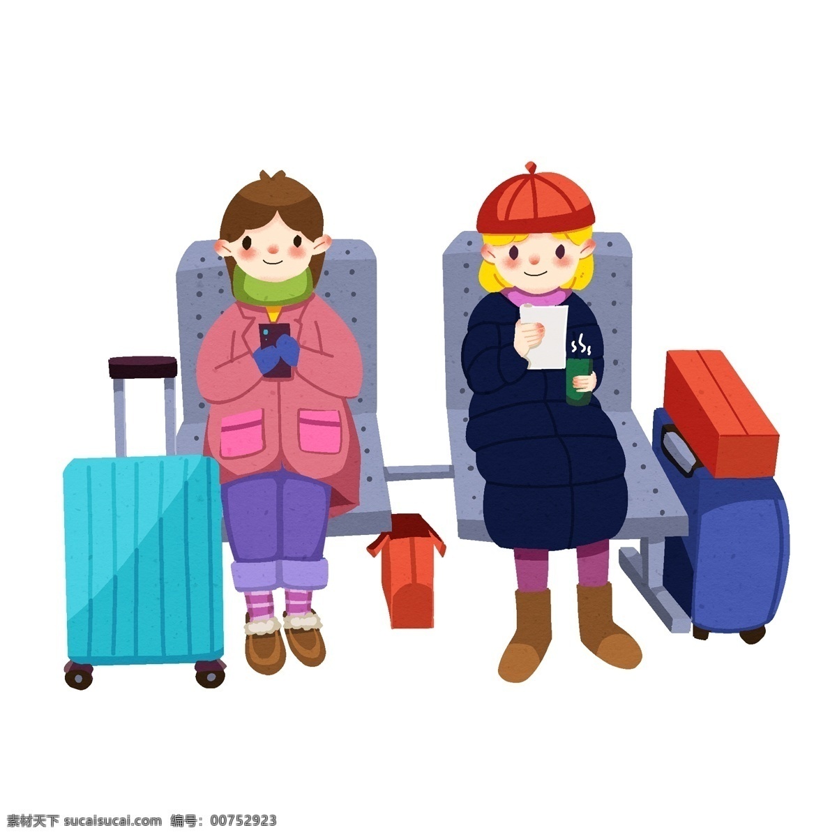 春运 等车 小女孩 漂亮的小女孩 灰色的凳子 红色的帽子 黑色的手机 春运人物插画 蓝色的行李箱