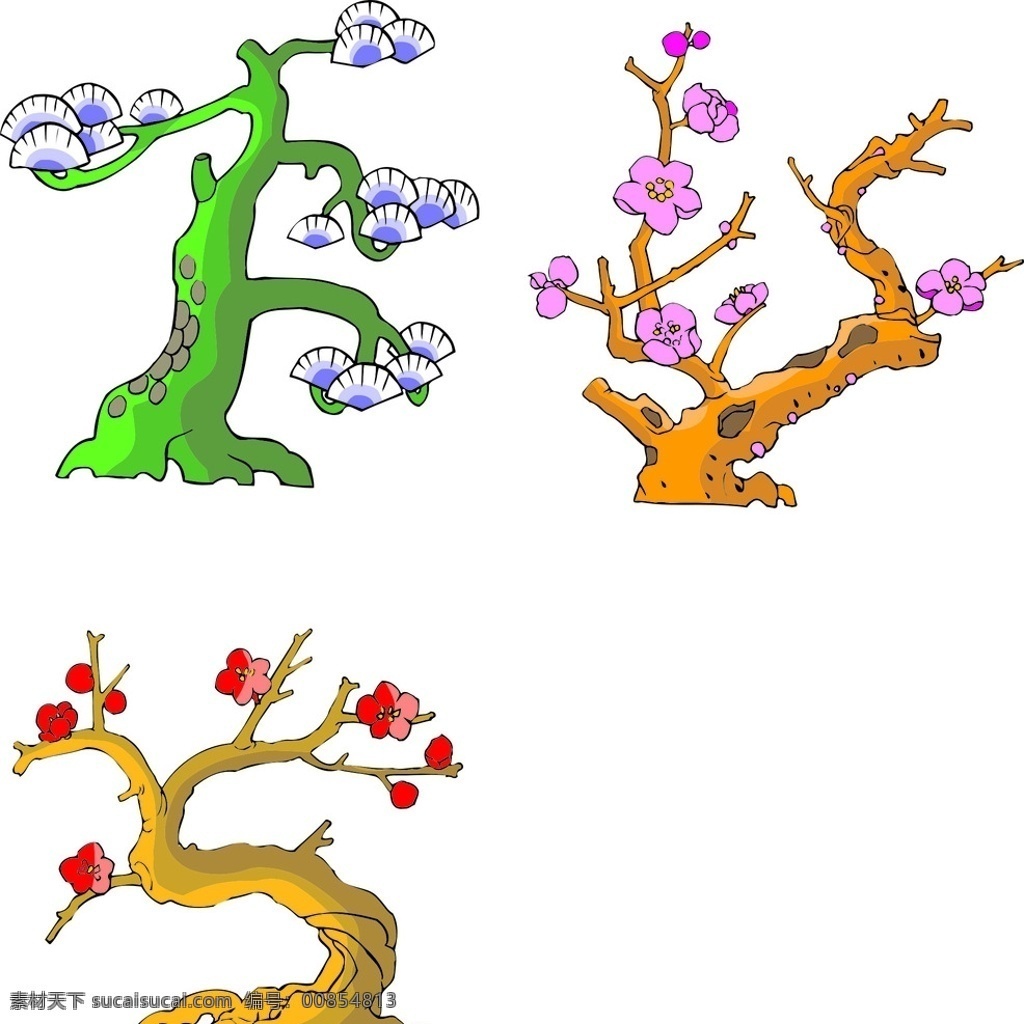树花 大树 树枝 树 壁画 插画 梅花 扇子树 红梅 卡通