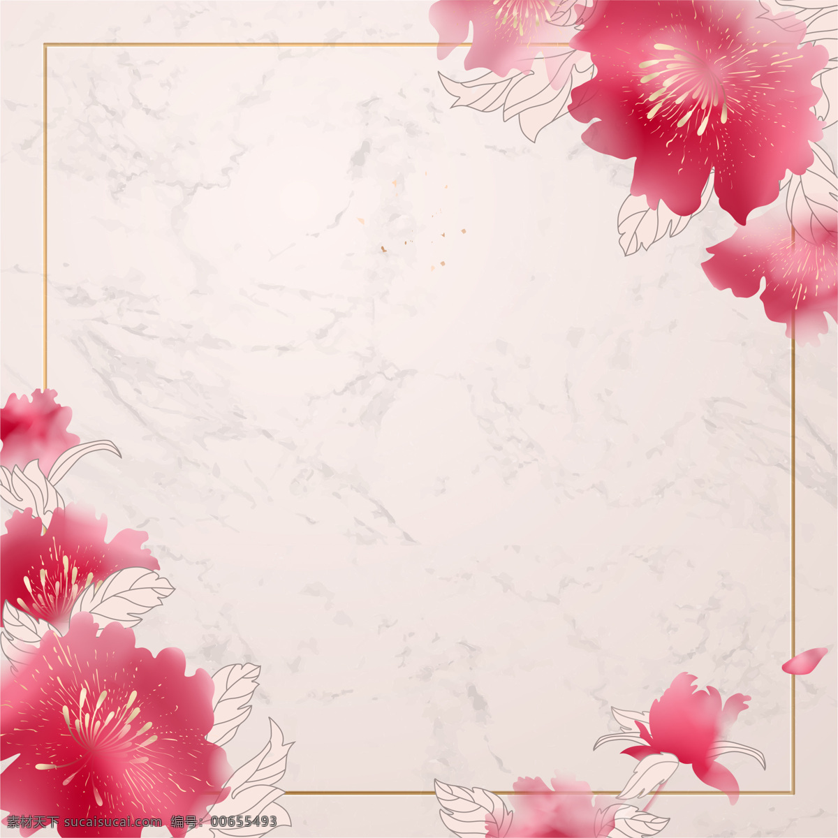 手绘 水墨 粉色 扁平 春天 背景 边框 花朵 线条 叶子
