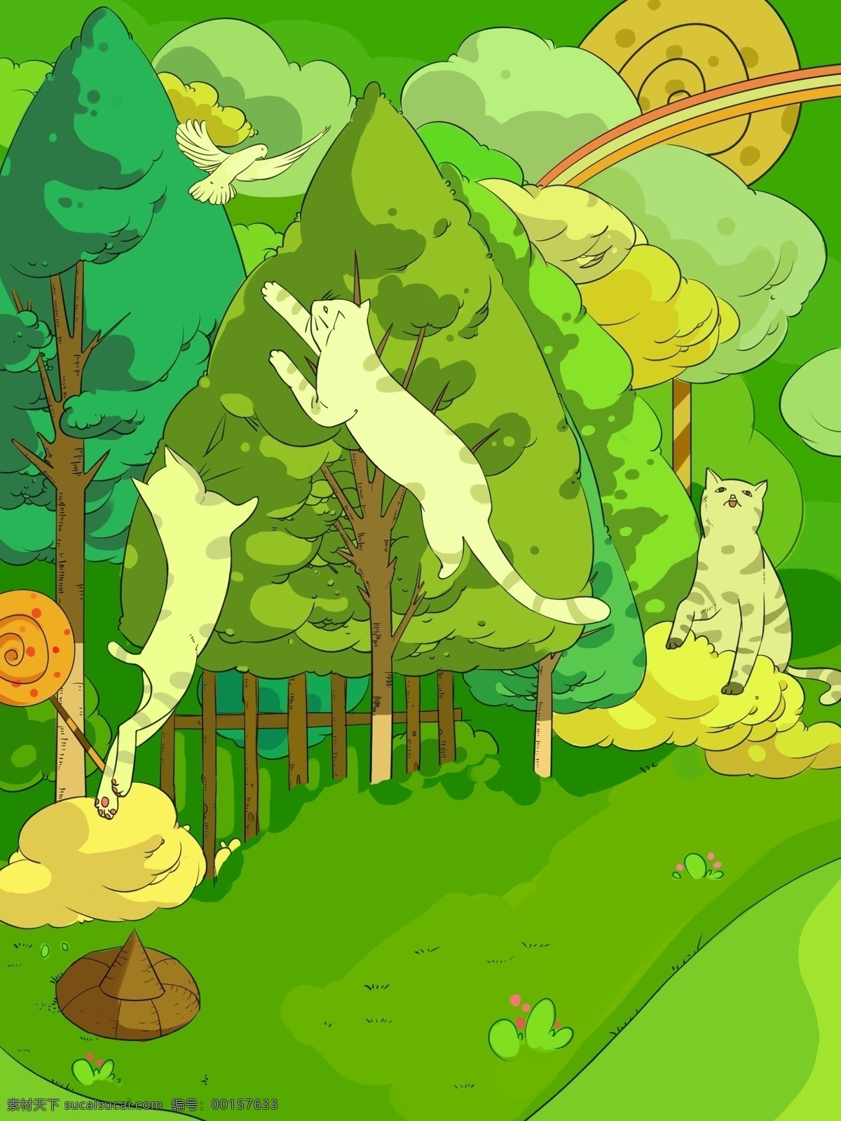 彩绘 森林 猫咪 园 背景 树林 动物 绿色 春天 卡通 彩绘背景 通用背景 psd背景 背景展板图 背景图