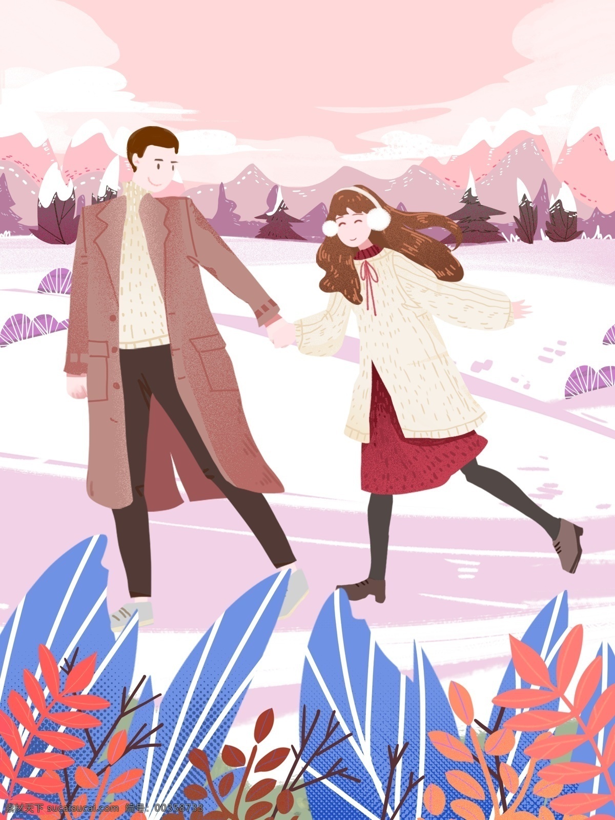 情侣 冬季 日常 插画 温馨 浪漫 情人节 雪地漫步