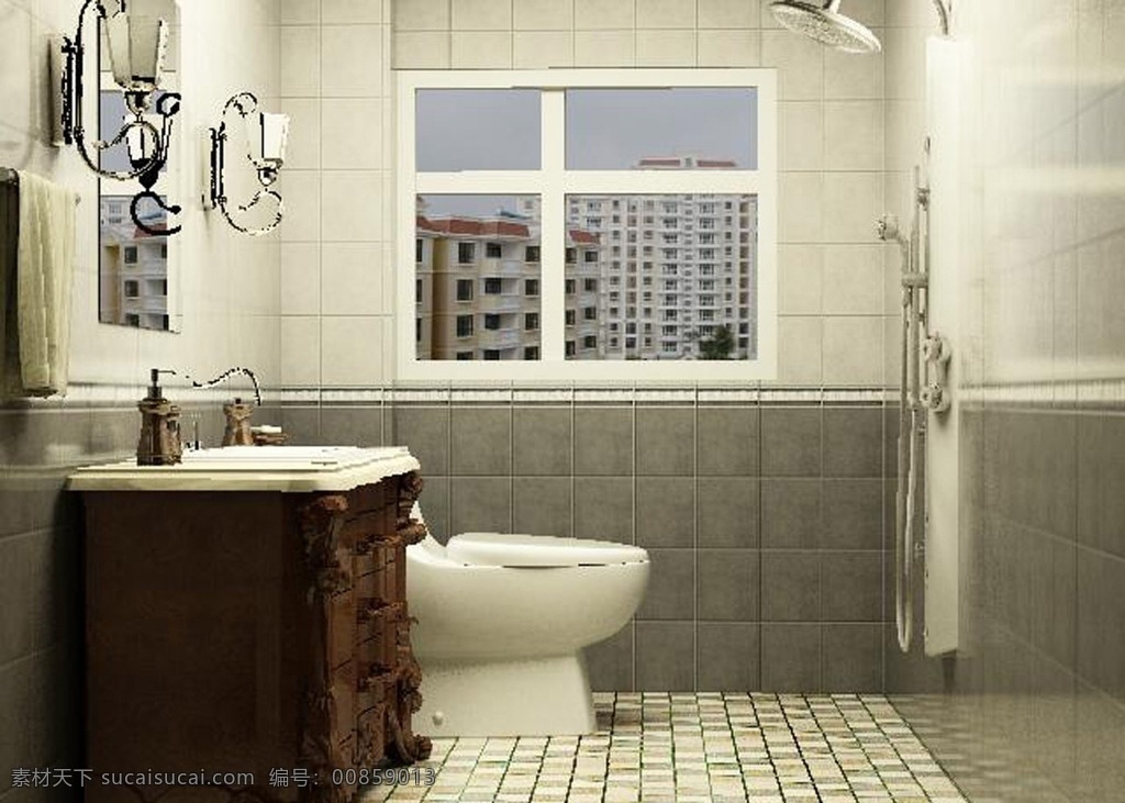 卫生间 带有窗户 镜子 外景 马桶 3d设计 室内模型 max
