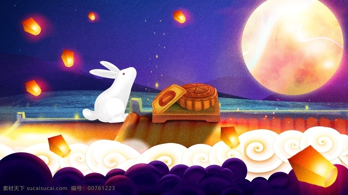 唯美 传统节日 中秋 插画 月饼 屋顶 上 兔子 中秋节 玉兔 中秋插画 屋顶上的兔子