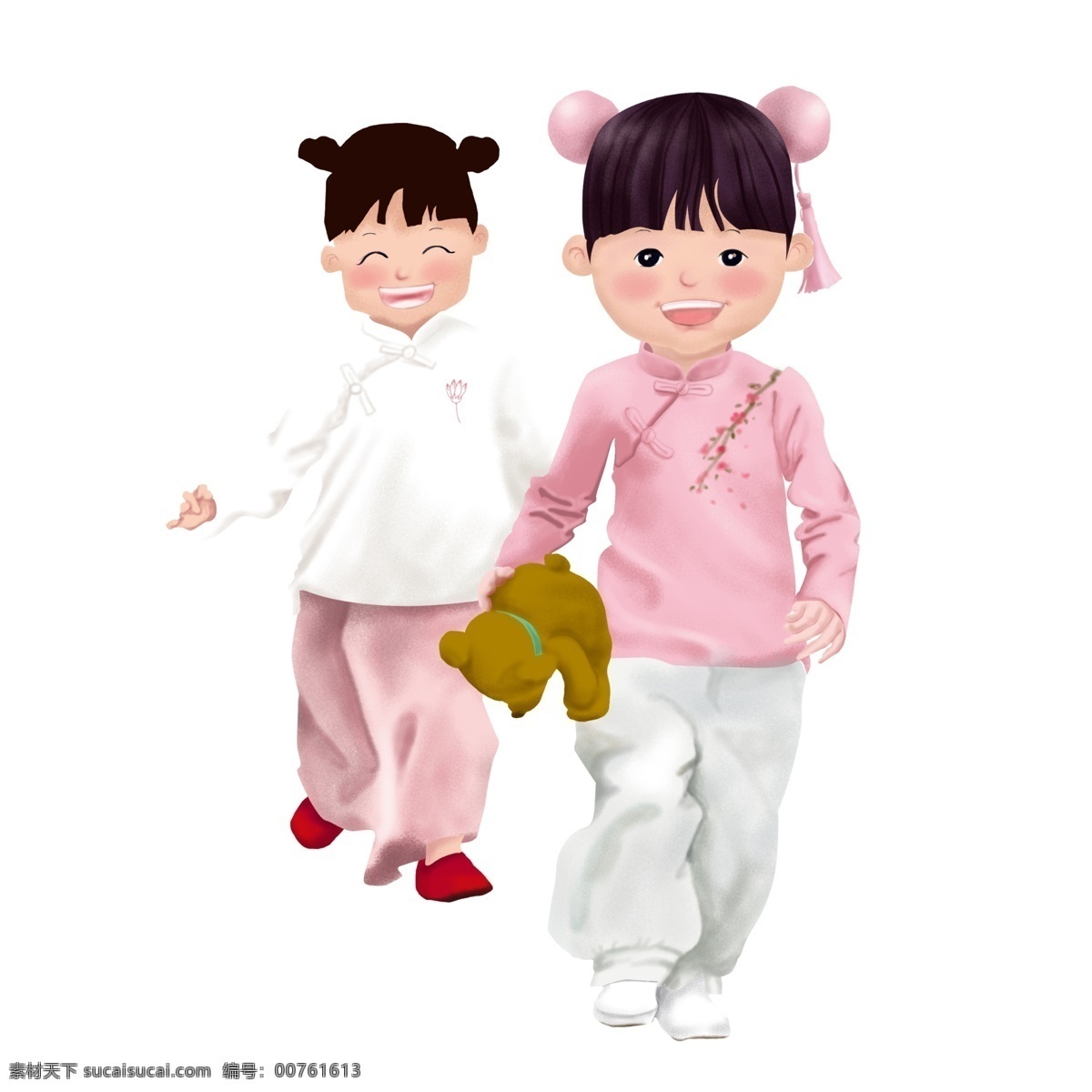 六一儿童节 穿 汉 服 女孩 六一国际儿童节 汉服 小孩 可爱 手绘 卡通 古装 奔跑 快乐 粉色 白色 流苏 中式 复古