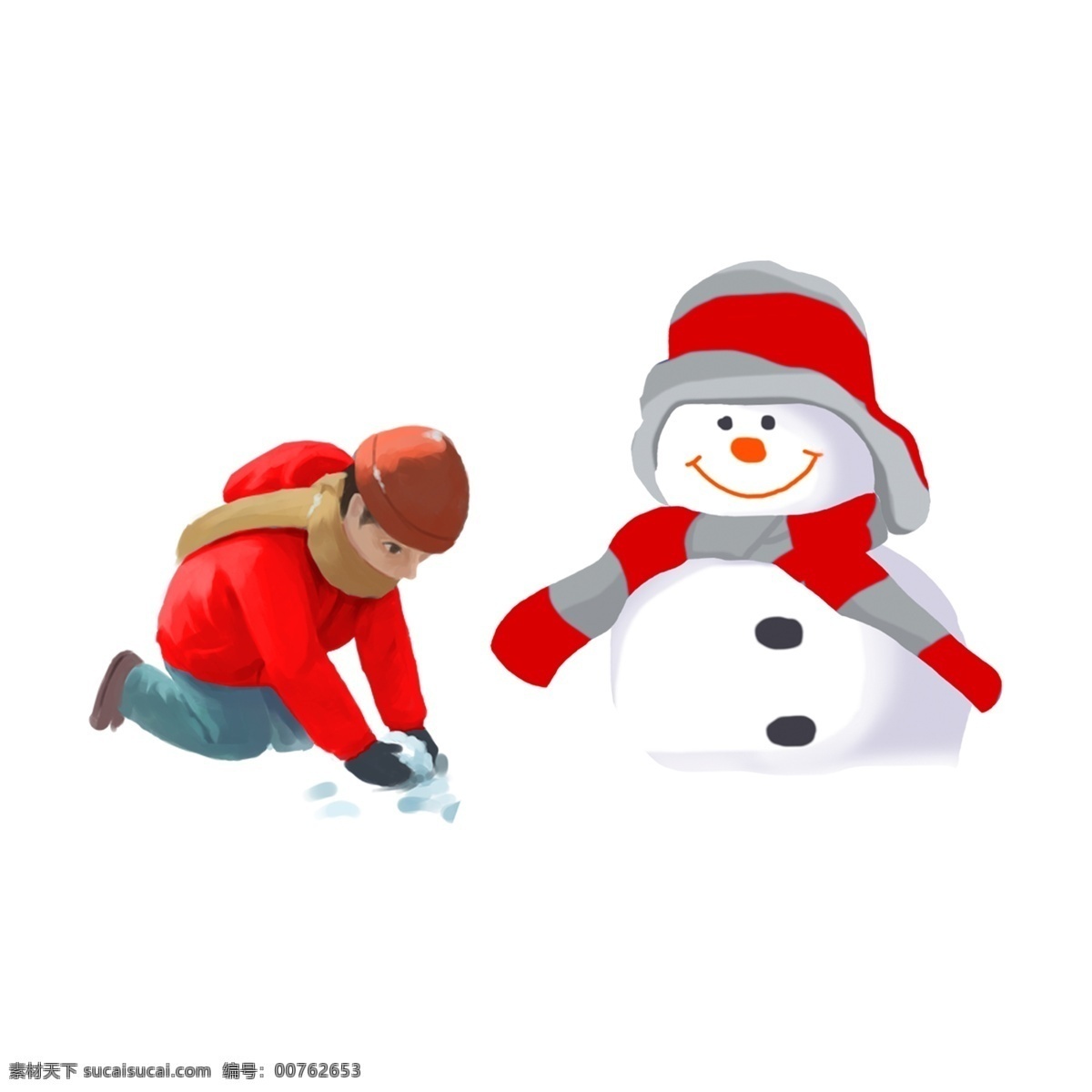 玩 雪 小 男孩 雪人 商用 元素 卡通 小男孩 堆雪人 冬季 插画设计 手绘 玩雪