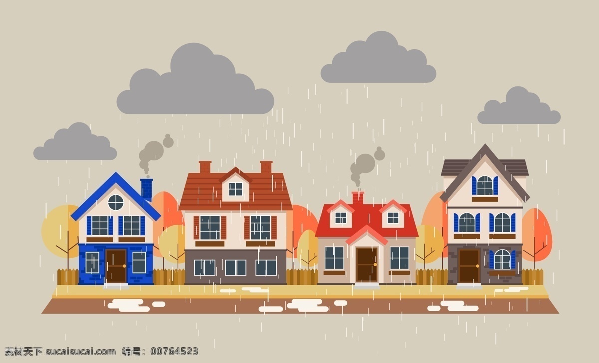 时尚 创意 房子 建筑 插画 风景 外观 云朵