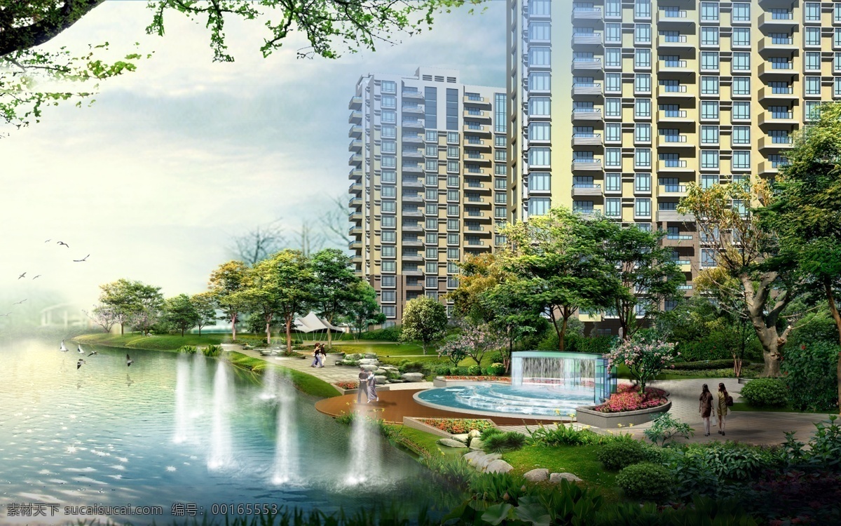湖滨 花园 景观设计 白云 草地 房屋 建筑物 蓝天 喷泉 树木 鲜花 装饰素材 园林景观设计