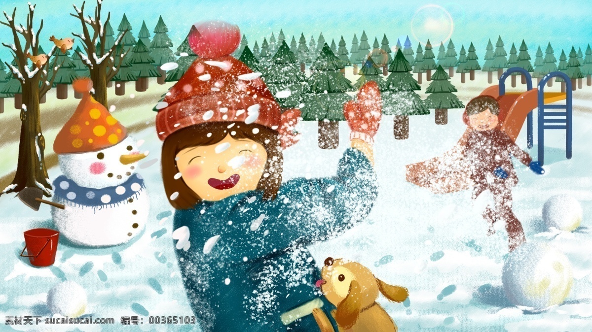 原创 插画 冬季 打雪仗 肌理 写实 玩耍 冬日 心情 壁纸 元素 日常 配图 文章配图