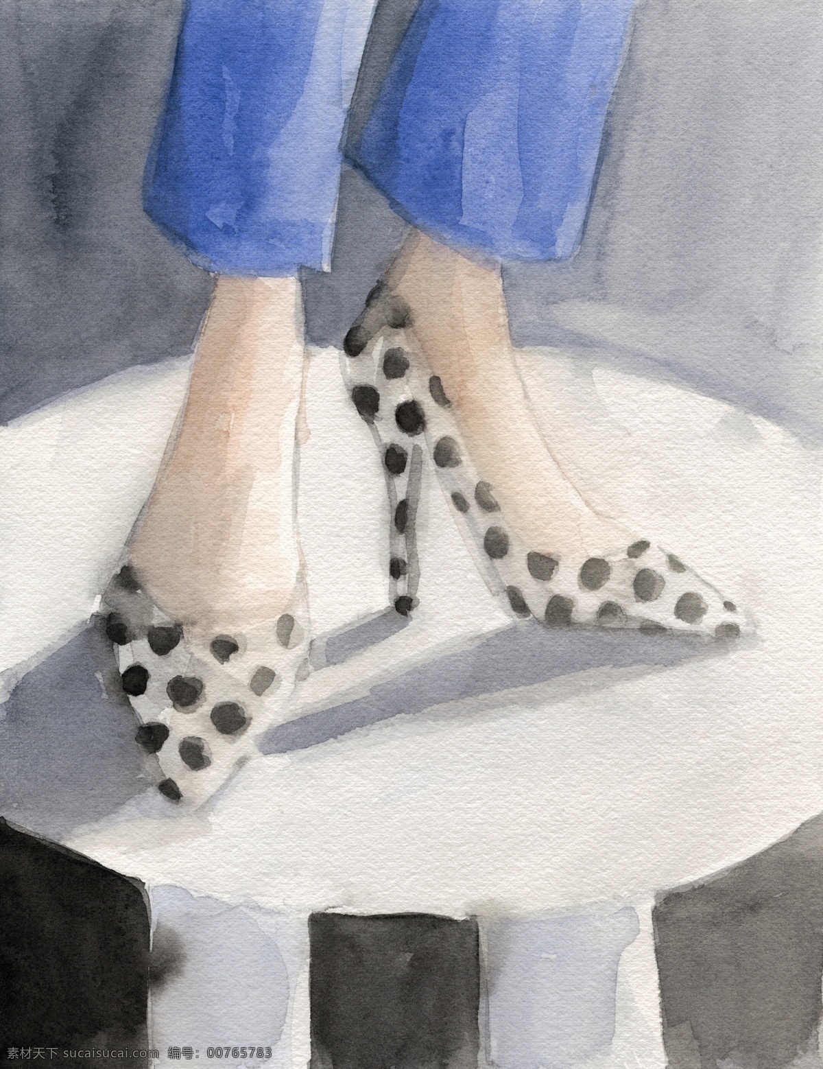 黑白 波 点 高跟鞋 舞鞋 鞋子设计 一双鞋子 抽象画 水彩画 装饰画 灰色