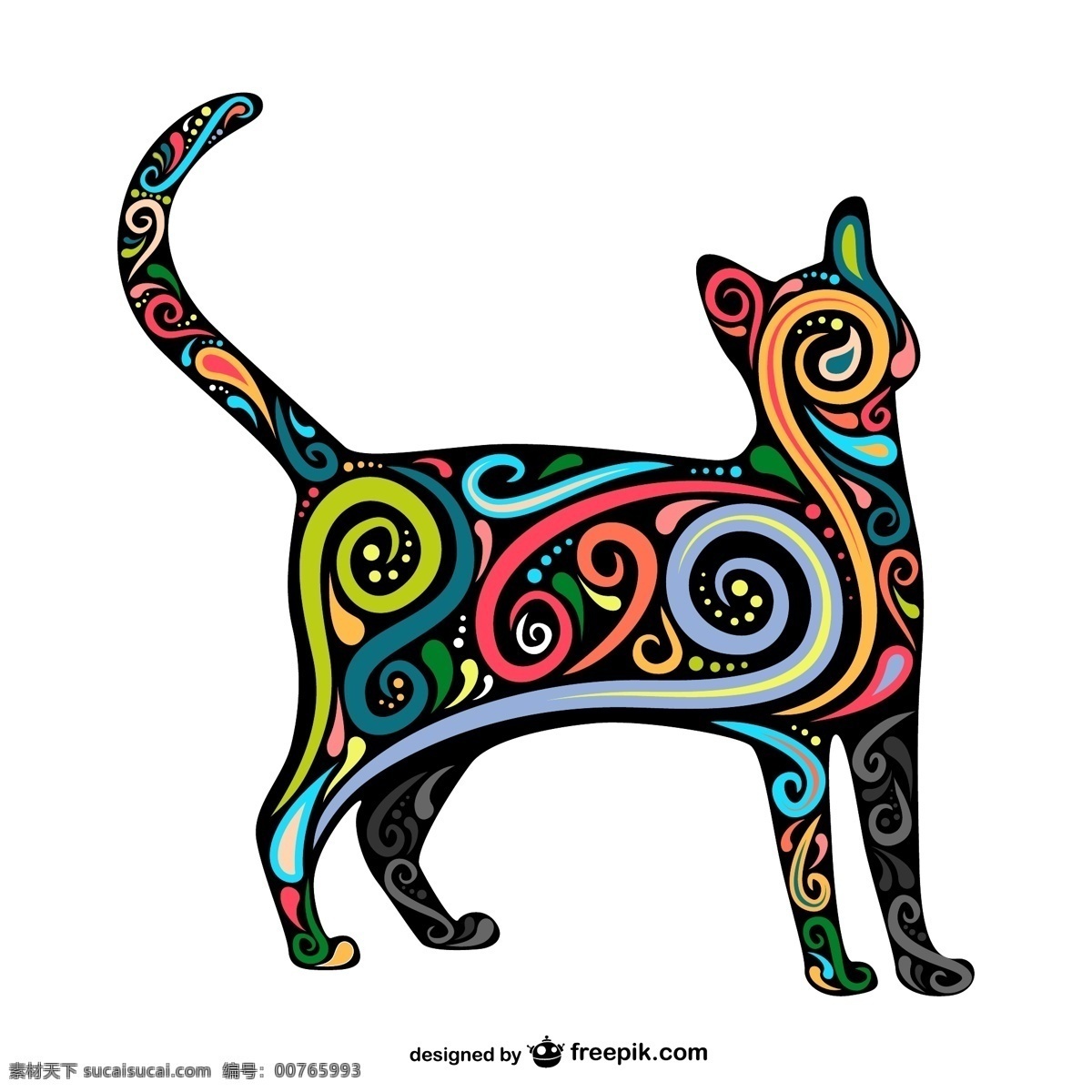 五颜六色 漩涡 猫 剪影 模板 动物 线 手画 艺术 可爱 图形 轮廓 图形设计 黑色 宠物 绘画 现代 插图 线条艺术 白色