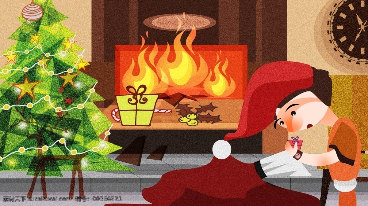 平安夜 夜晚 火炉 旁 拆 礼物 插画 圣诞树 室内 男孩 圣诞帽 圣诞 屋子里面 拆礼物 家里