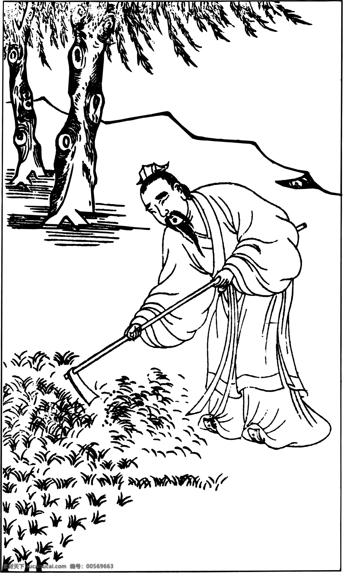 白描人物 白描画 人物白描 古代人物画 农夫 老人 人物 分层 源文件