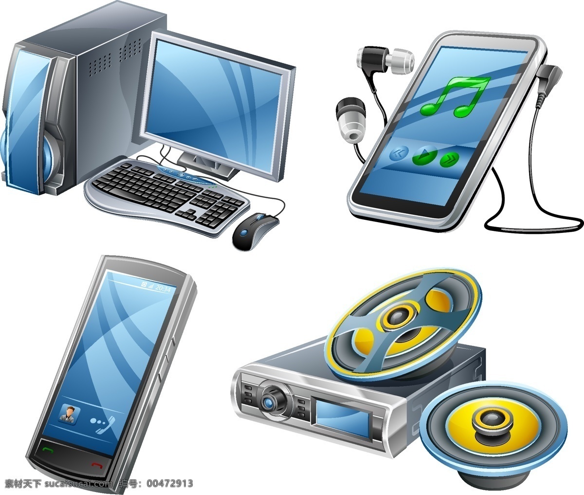 矢量 数码产品 mp3 电脑 耳机 键盘 矢量素材 手机 音乐