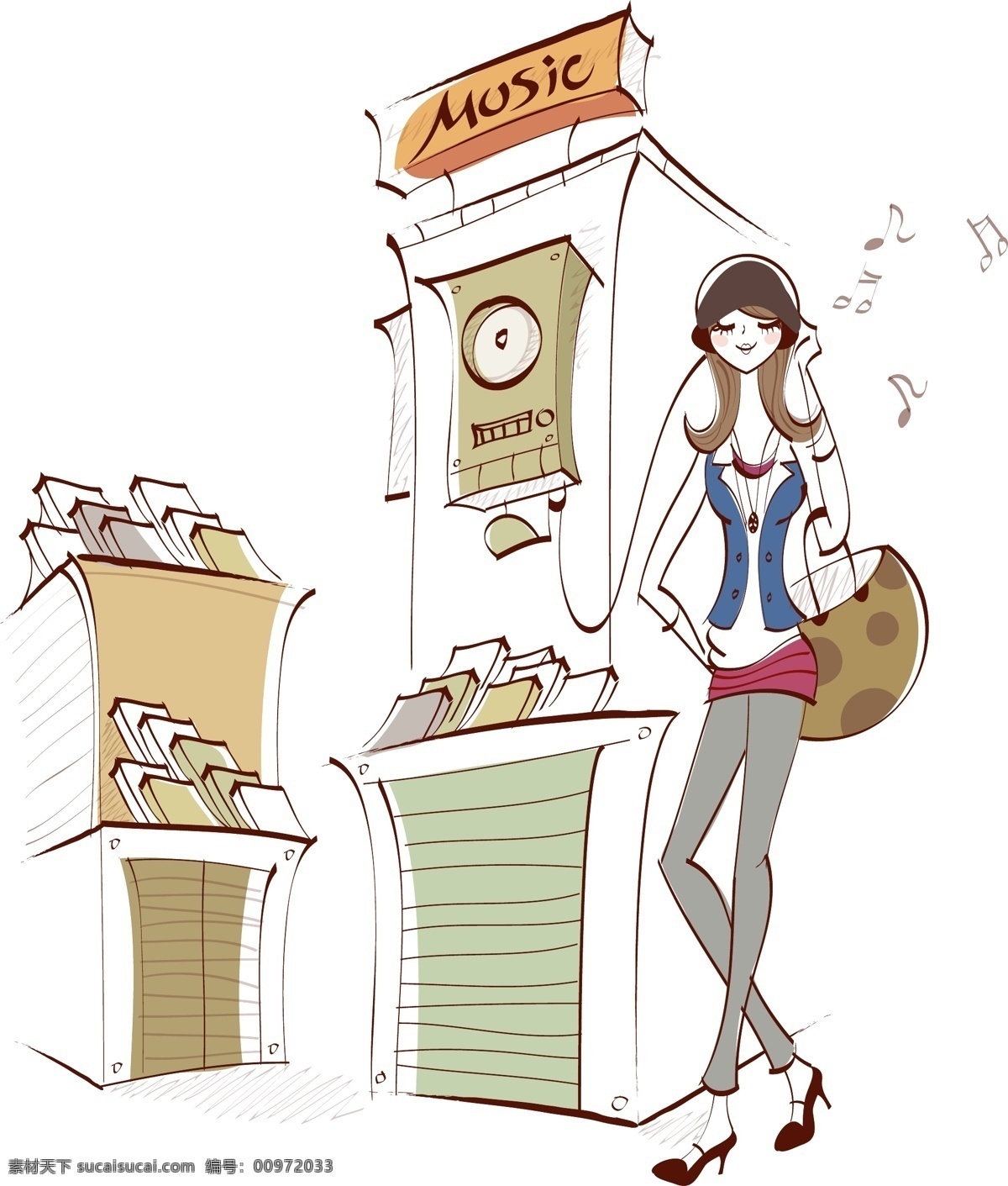 听音乐的女孩 女孩在音像店 时尚生活 休闲生活 都市生活 时尚女孩 生活场景 矢量插画 动漫动画 风景漫画
