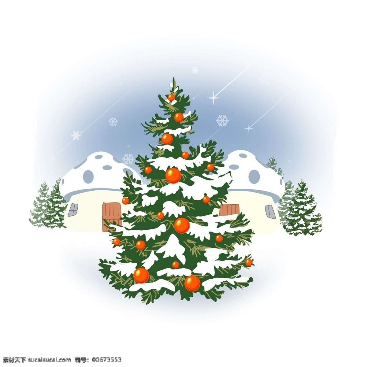 原创 插画 冰天雪地 圣诞节 冬天 雪花 圣诞树 节日 雪 大雪 圣诞 蘑菇 蘑菇屋 寒冷 冷 夜晚 树 节气 配图